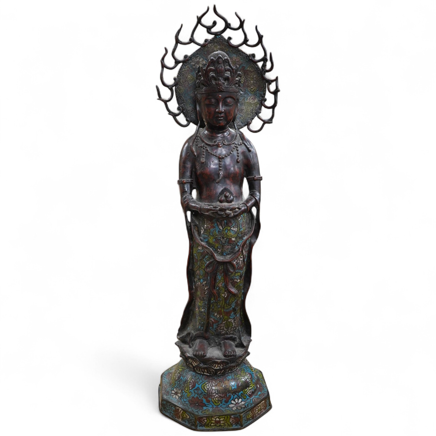 A large Chinese bronze and champleve enamel figure of a Bodhisattva, archaic style seal mark to base, 66cm